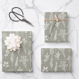 Grüne Olivenbäume Pflanze und Blumenmuster Geschenkpapier Set