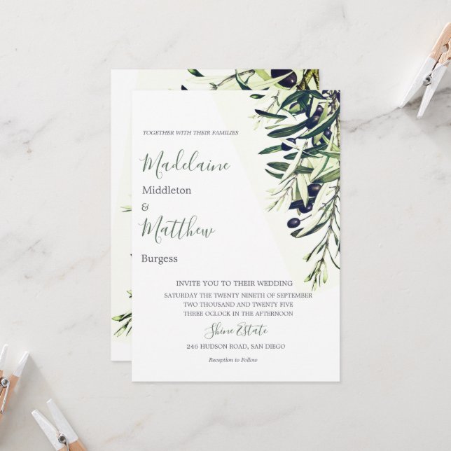 Grüne Olivenzweige Hochzeiten in Italien Einladung (Vorderseite/Rückseite Beispiel)