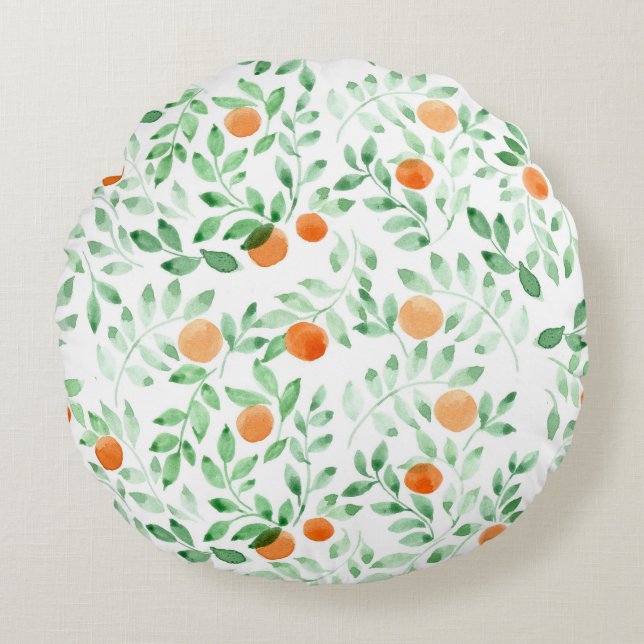 Grüne Orange Mandarine Provence Wasserfarbe Rundes Kissen (Vorderseite)