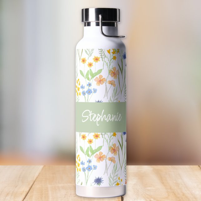 Grüne Orange Wasserfarbe Wildblumen-Monogramm-Name Trinkflasche (Von Creator hochgeladen)