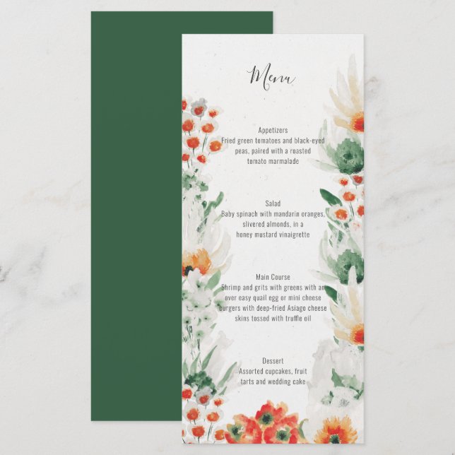 Grüne Orangefarbene Hochzeit mit weißer Wasserfarb Menükarte (Vorne/Hinten)