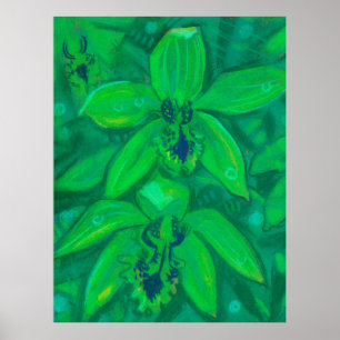 Grüne Orchidee, tropische Blume Blumenpastellfarbe Poster