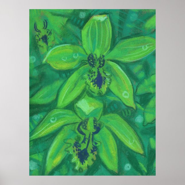 Grüne Orchidee, tropische Blume Blumenpastellfarbe Poster (Vorne)