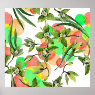 Grüne Orchideen: Aquarellblumen nahtlos. Poster