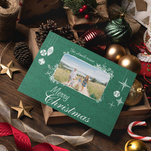 Grüne Ornamente Retro Weihnachtsfamilie Foto Feiertagspostkarte