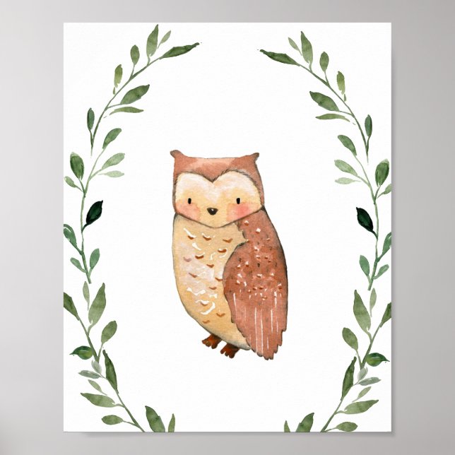Grüne Owl Woodland Tiere Kinderzimmer Mauer Kunst Poster (Vorne)
