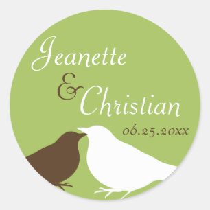 Grüne Paare lieben Vögel Gastgeschenk Hochzeit Sie Runder Aufkleber