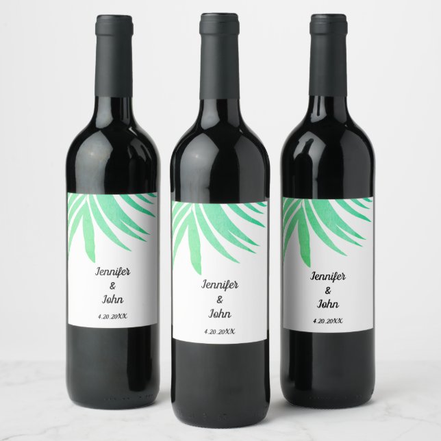 Grüne Palme Blätter Aquarell Elegante Coole Hochze Weinetikett (Flaschen)