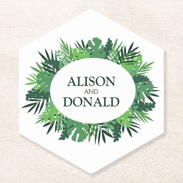 Grüne Palmen Blätter Hochzeitnamen Untersetzer (Vorderseite)