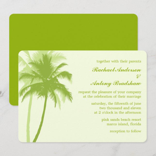 Grüne Palmen Trees Tropical Beach Hochzeit Einladung (Vorne/Hinten)