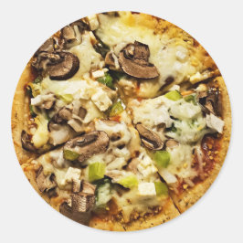 Grüne Paprikaschoten und Pizzas-Speisen im Pilz Runder Aufkleber