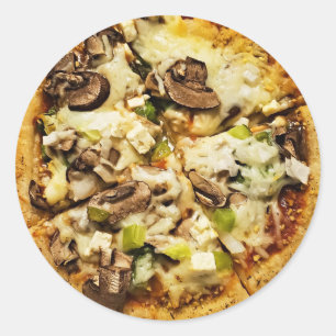 Grüne Paprikaschoten und Pizzas-Speisen im Pilz Runder Aufkleber