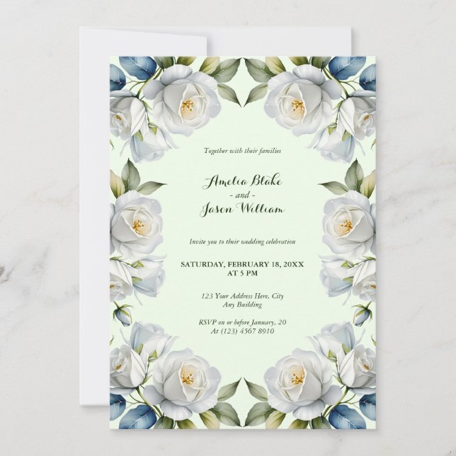 Grüne Pastel Weiße Rose Blumenstrauß Hochzeit Einladung (Vorderseite)