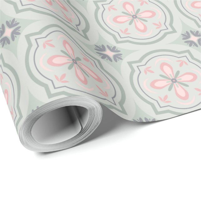 Grüne Pastell-Blumentapeten Geschenkpapier (Rolleneckpunkt)