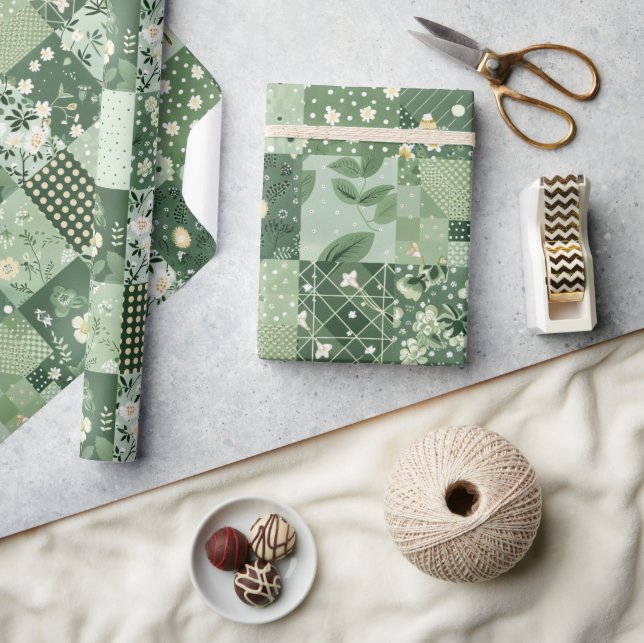 Grüne Patchwork-Quilt-Antik-Kariert-Geometrisch Geschenkpapier (Basteln)