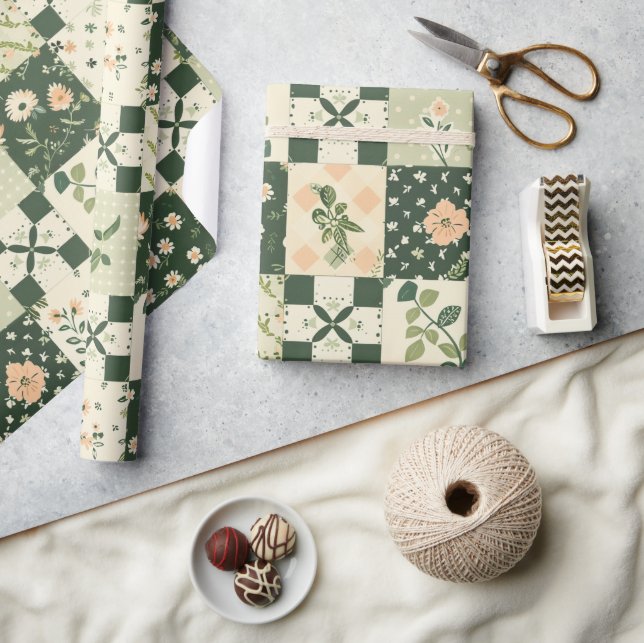 Grüne Patchwork-Quilt-Antik-Karogeometrie Geschenkpapier (Basteln)