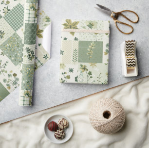 Grüne Patchwork-Quilt-Antik-Karogeometrie Geschenkpapier