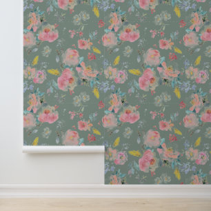 Grüne Peony Floral Wasserfarbe Botanische Tapete