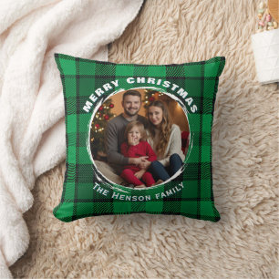 Grüne personalisierte Familienfoto-Karomuster  Kissen