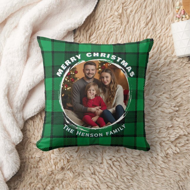 Grüne personalisierte Familienfoto-Karomuster  Kissen (Decke)