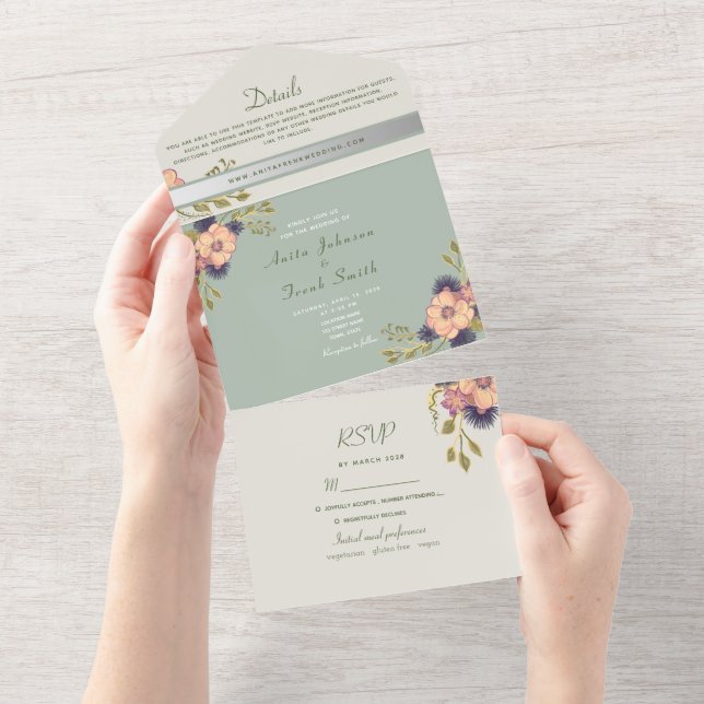 Grüne Pfirsichblütenhochzeit All In One Einladung (Abreißen)