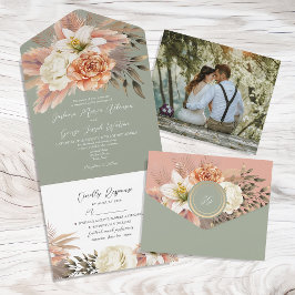 Grüne Pfirsichblütenhochzeit All In One Einladung