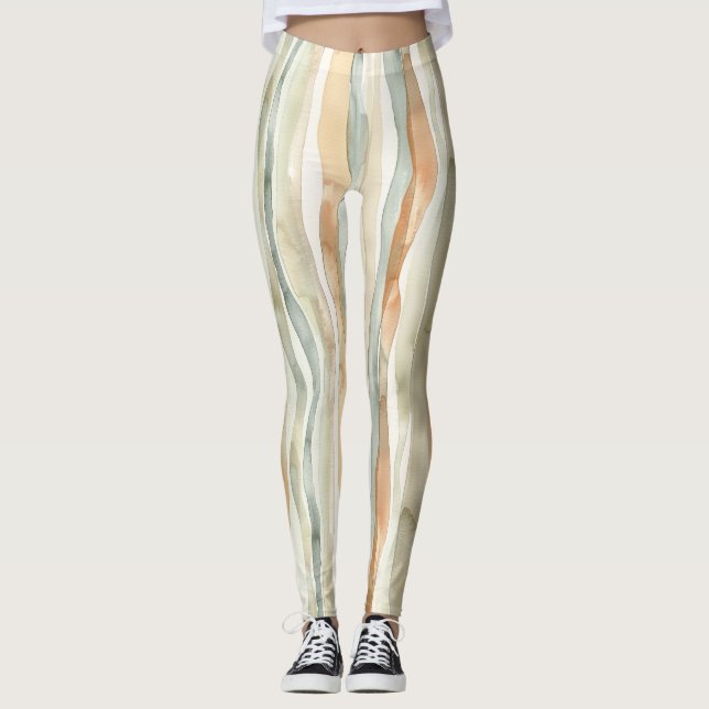 Grüne Pfirsichcreme-Streifen Leggings (Vorderseite)