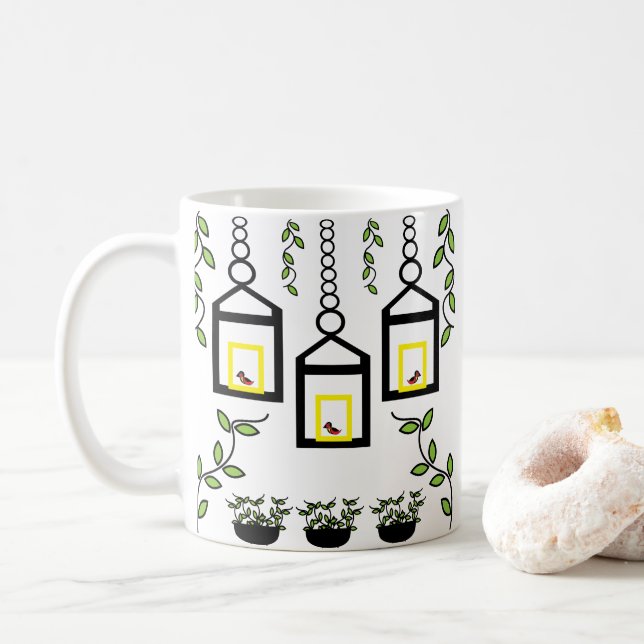 Grüne Pflanze Vogelschutzmuster Kaffeetasse (Mit Donut)