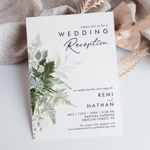 Grüne Pflanzen und goldene Blätter Hochzeitsempfan Einladung