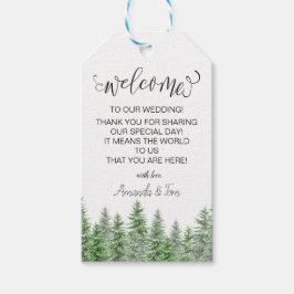 Grüne Pine Tree Calligraphy Wedding Willkommen Geschenkanhänger