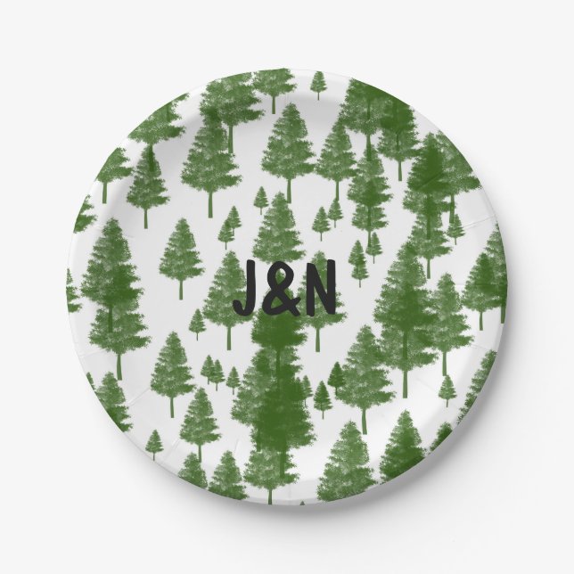 Grüne Pine Tree Rustic Country Wedding Teller (Vorderseite)