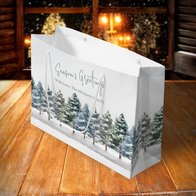 Grüne Pine Trees Weihnachten Personalisiert Große Geschenktüte (Holiday custom gift bag with watercolor pine trees.)