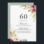 Grüne Pink Blush Blues 60. Geburtstagsparty Einladung<br><div class="desc">Diese grün rosa blütenfarbene 60. Geburtstagsfeier lädt zu einer einfachen Geburtstagsfeier ein. Das Design ist handbemalt illustrierte,  schöne rosa,  rot-gelbe und grüne Peonies.</div>
