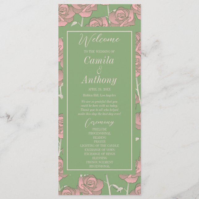 Grüne Pink Rose Retro Y2K 70er Blumenmuster Programm (Vorderseite)