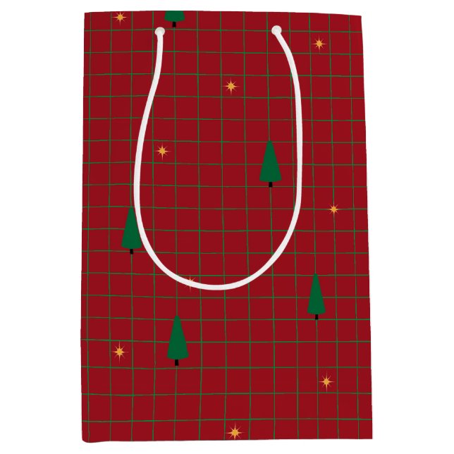 Grüne Plätze mit Weihnachtsbäumen auf Rot Mittlere Geschenktüte (Vorderseite)