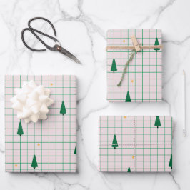 Grüne Plätze mit Weihnachtsbäumen auf Weiß Geschenkpapier Set