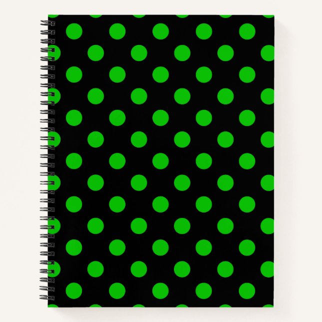Grüne Polka-Punkte aus schwarzem Hintergrund Notizbuch (Vorderseite)