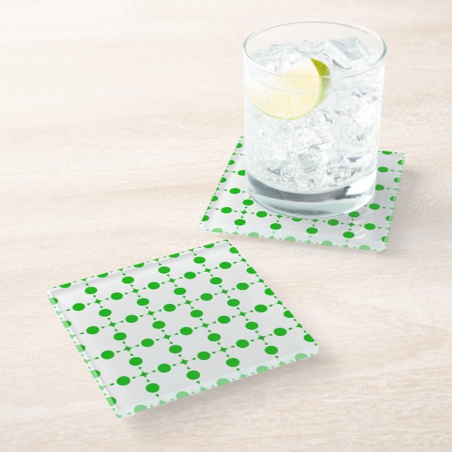 Grüne Polka-Punkte, Polka-Dot-Muster, Punkte, gepu Glasuntersetzer (Schrägansicht)