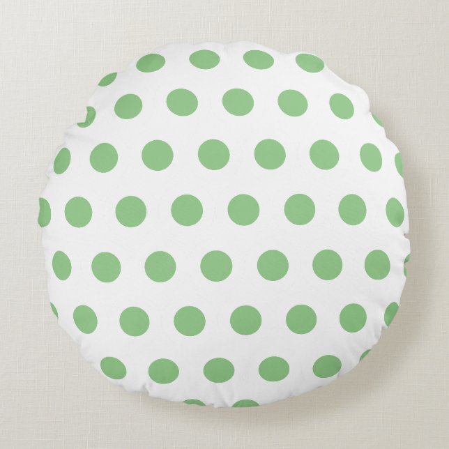 Grüne Polka-Punktmuster auf weißem runden Kissen (Vorderseite)
