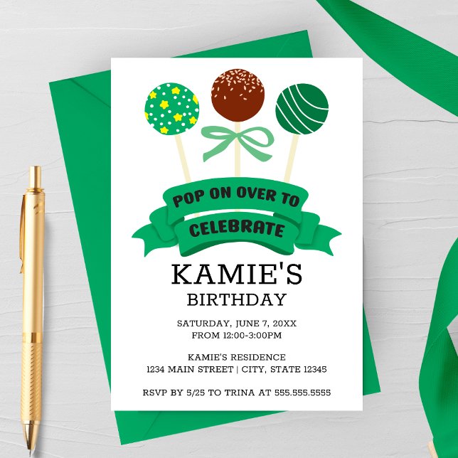 Grüne Pop Geburtstagspartei Einladung (Green Cake Pops Birthday Party Invitation)
