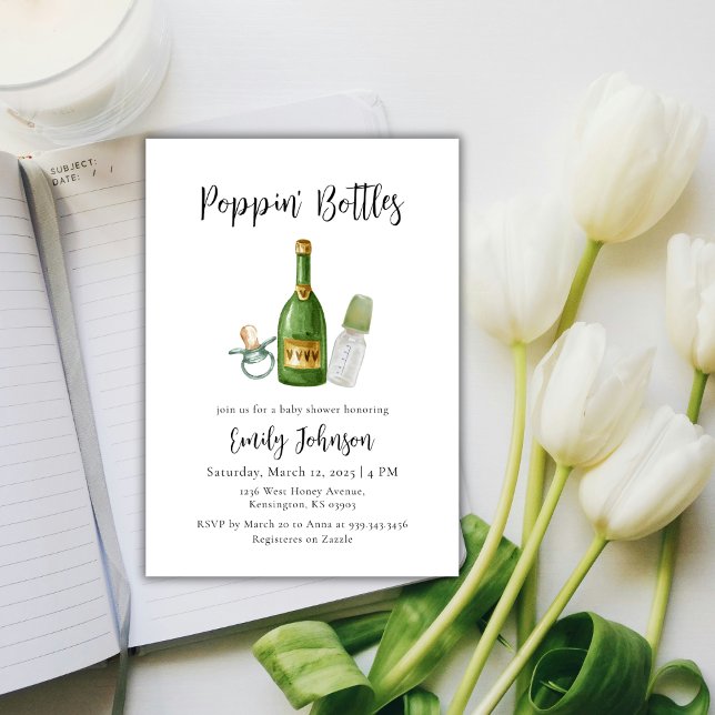 Grüne Poppin Flaschen Champagne Baby Dusche Einladung (Sage Green Poppin Bottles Champagne Baby Shower Invitation)
