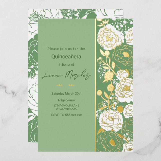 Grüne Quinceañera Einladung (Vorderseite/Rückseite)