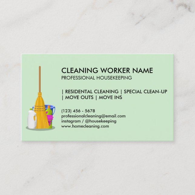 Grüne Reinigungsservice Housekeeper Janitorial Visitenkarte (Vorderseite)