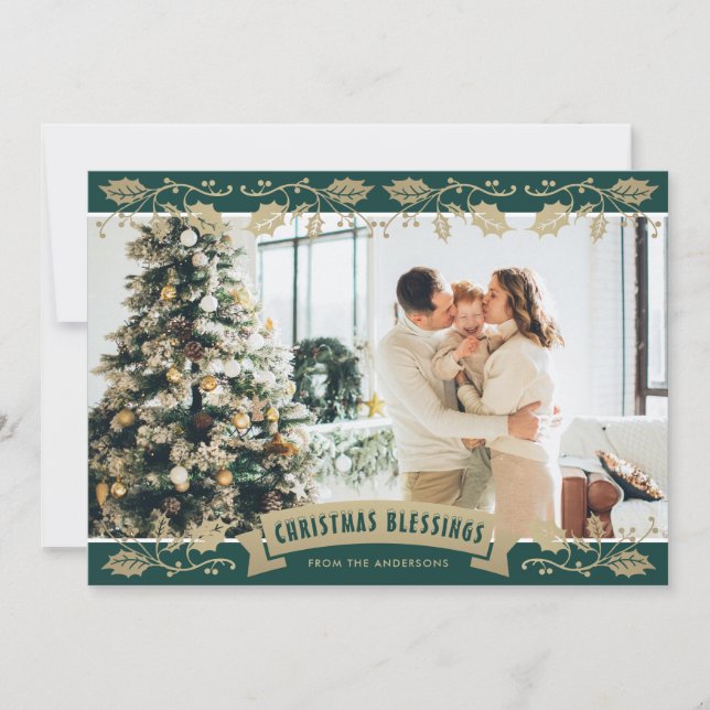 Grüne religiöse Heilige Foto Weihnachtsgesegnung Feiertagskarte (Vorderseite)