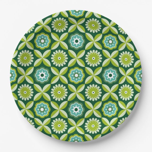 Grüne Retro-Blumen Pappteller (Vorderseite)