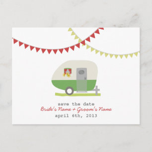 Grüne Retro-Trailer-Hochzeit speichert das Datum d Ankündigungspostkarte