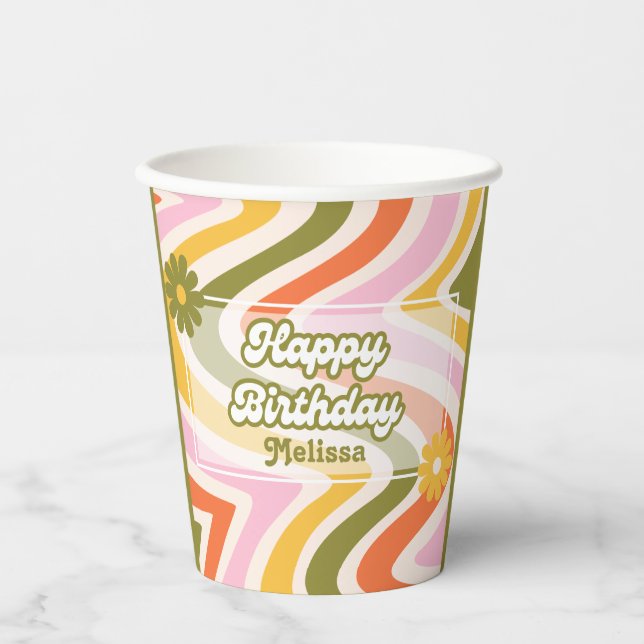 Grüne Retro Wave Groovy Blume 40. Geburtstag Pappbecher (Vorderseite)