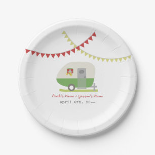 Grüne Retro-Wohnwagen-Hochzeit Pappteller
