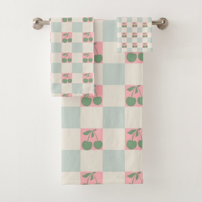 Grüne rosa Ästhetik Cherry Chirered Y2K Muster Badhandtuch Set (Insitu)