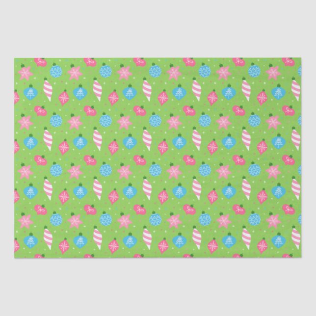 Grüne rosa blaue Ornamente Merry Bright Weihnachte Seidenpapier (Vorderseite)